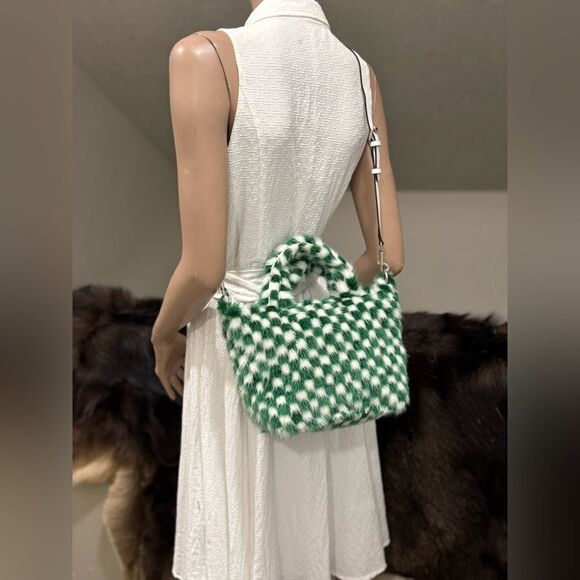 Colorblock Checkerboard Handmade Genuine Mink Fur Top Handle Bag/Crossbody - Picture 6 of 15